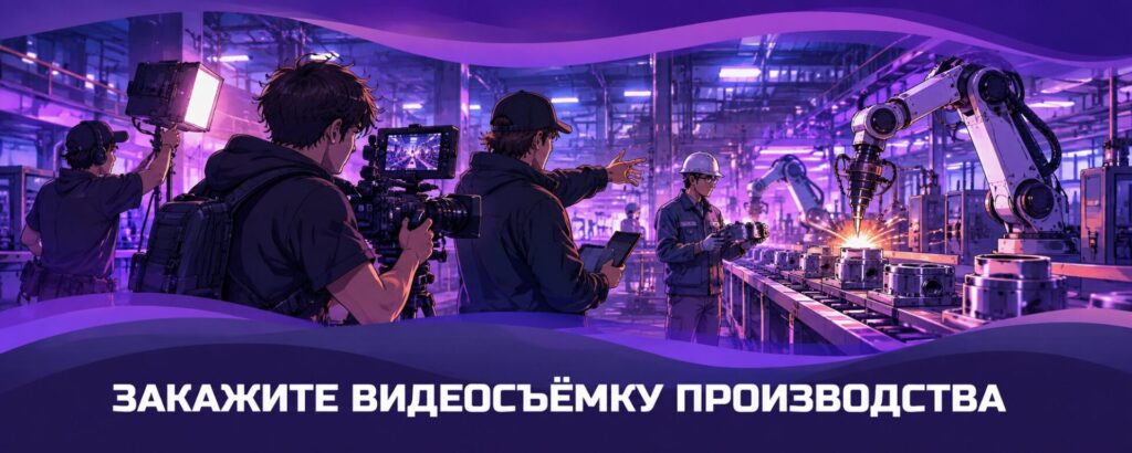 Видеосъемка производства — съемочная команда работает на промышленном предприятии